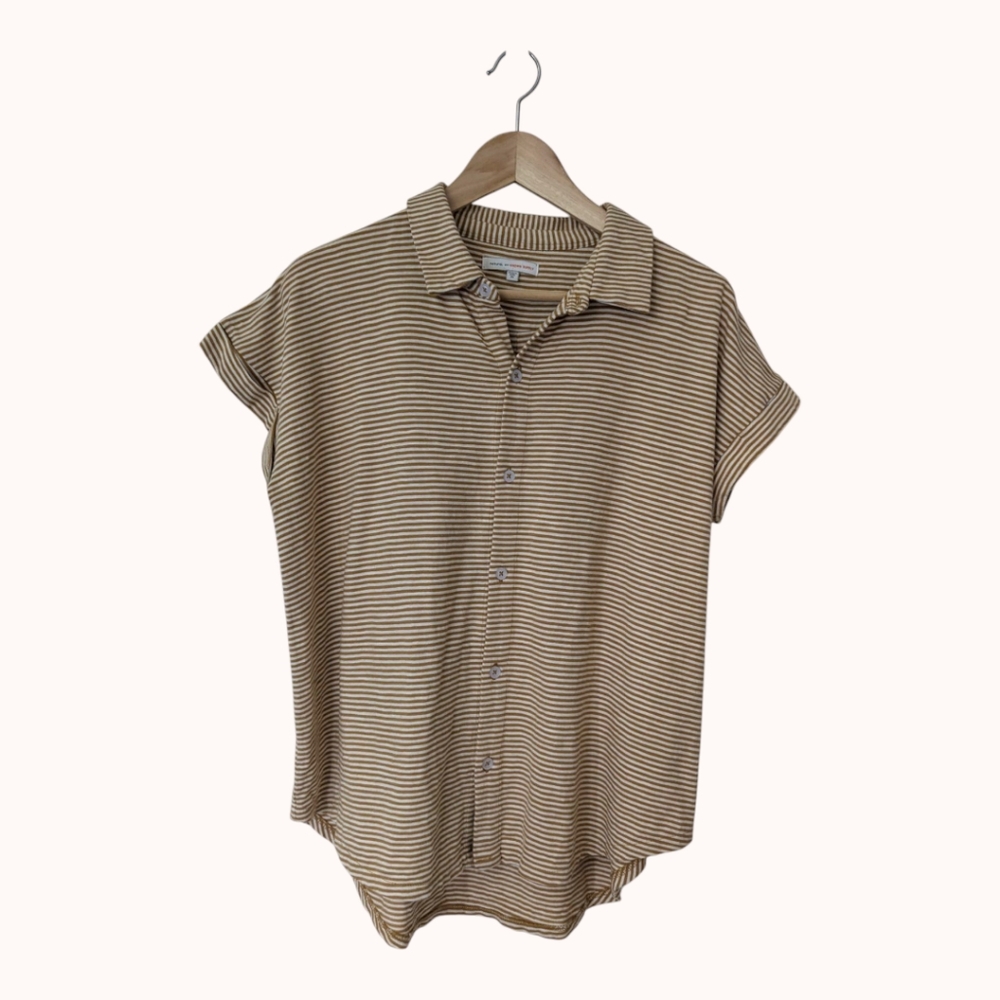🤍🤎 Natural by Known Supply 100% Organic Cotton Striped Button Up Top, M 🇮🇳